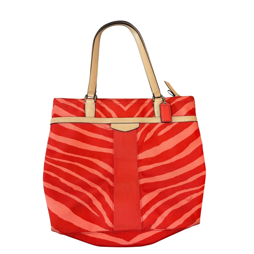 Coach Coral Orange Zebra Print Tote Bag‎ Canvas F23283 Purse Handbag Designer